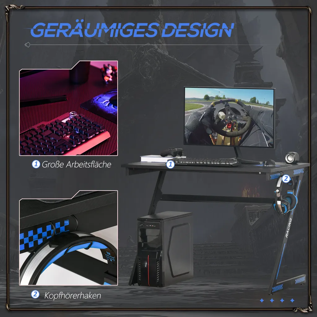 HOMCOM Computertisch Gaming Tisch PC Tisch Computer Ergonomisch Verstellbar Höhe Stahl MDF Schwarz 100L X 60B X 75H Cm – Bild 3