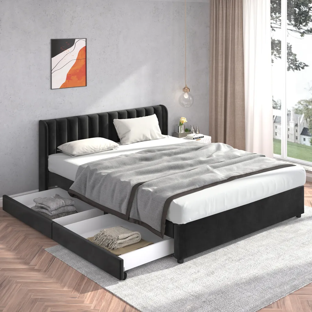 Merax Boxspringbett 180x200cm Polsterbett Stauraumbett Funktionsbett Doppelbett Mit Lattenrost Und 2 Schubladen, Schwarz – Bild 2