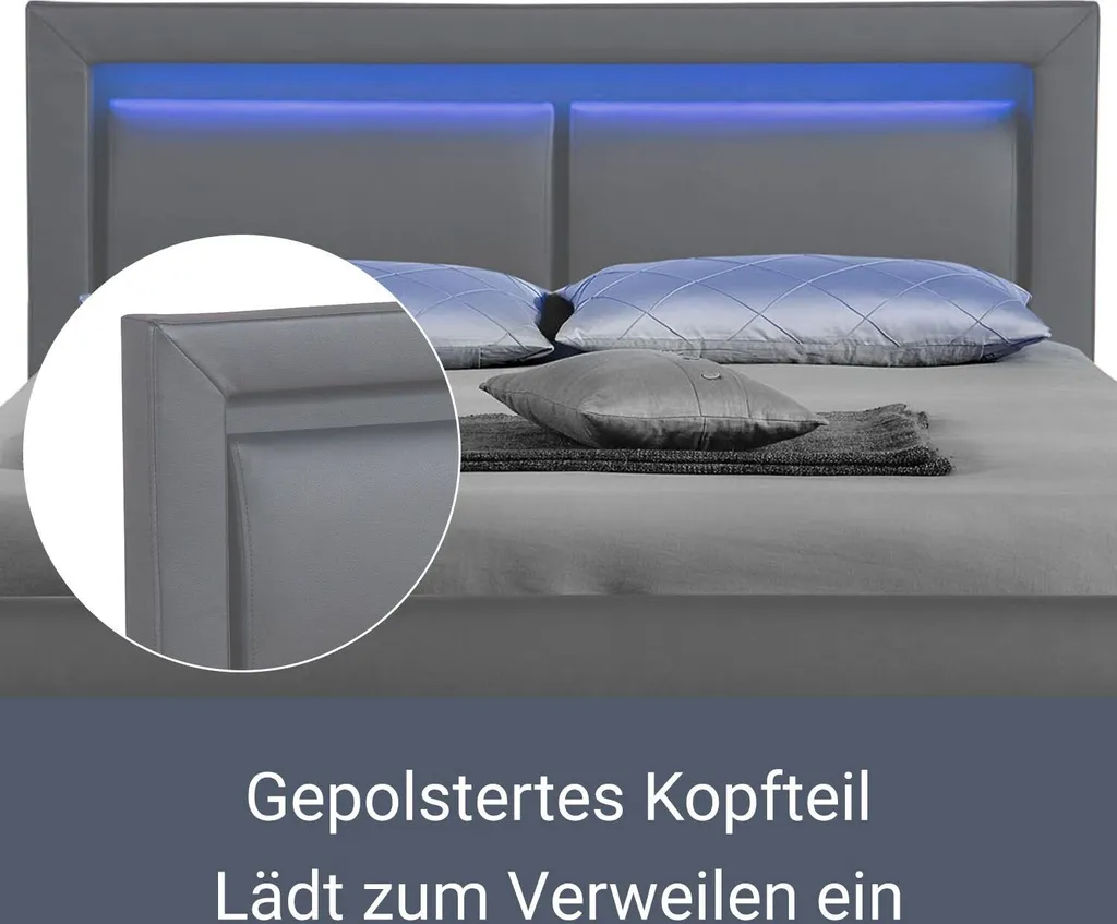 Juskys Polsterbett Murcia 140 X 200 Cm – Bett Mit LED, Lattenrost, Kopfteil & Kunstleder – Bettgestell Gepolstert, Gemütlich & Modern - Dunkel-grau – Bild 5