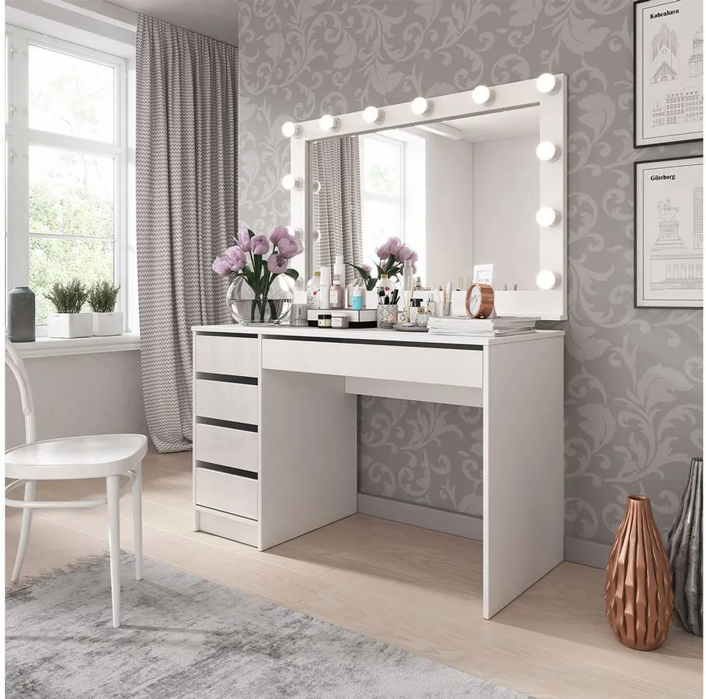 Mirjan24 Schreibtisch / Schminktisch Ada, Elegante Kosmetiktisch, Frisiertisch, Modern Schlafzimmer (Korpus: Weiß, Fronten: Weiß Hochglanz) – Bild 2
