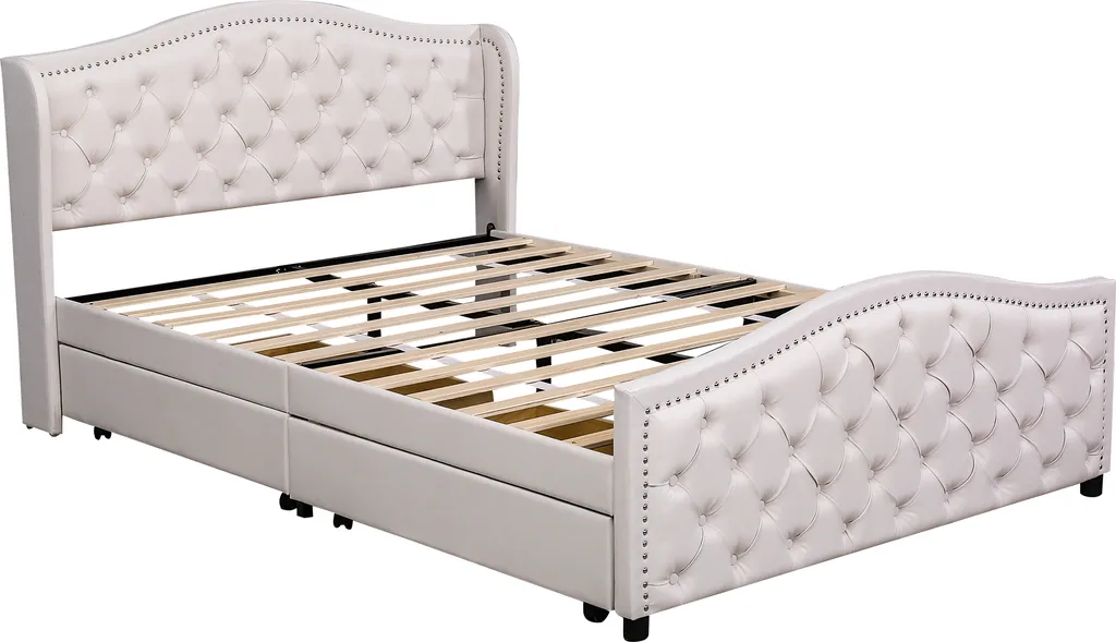 Merax Polsterbett 140 X 200 Cm Doppelbett Aus Holz & Kunstleder Mit 2 Schubladen, Bettgestell Mit Lattenrost Und Kopfteil, Weiß – Bild 10