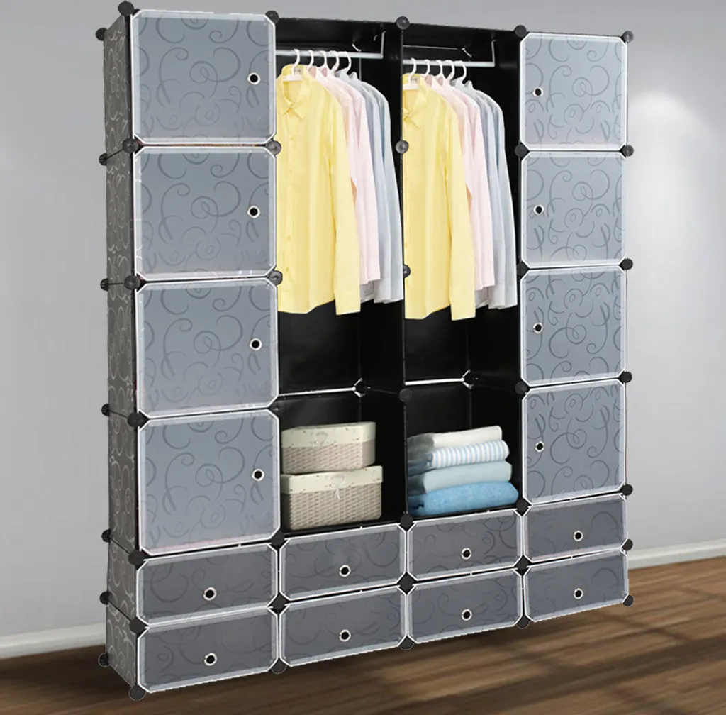 EINFEBEN 16 Wuerfel Schrank Regalsystem Kleiderschraenke Kleiderschrank Kleiderschränke DIY Garderobenschrank Schwarz Kunststoff Aufbewahrung Garderobe Fuer Schlafzimmer Mit Tueren 180 * 142 * 37CM