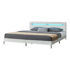 LED Kunstleder Doppelbett Polsterbett 180x200cm Bettgestell Stoff Bett Weiß [en.casa]