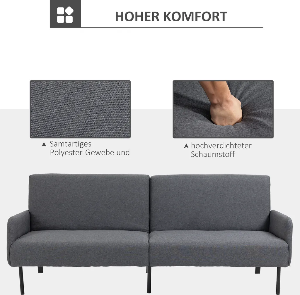 HOMCOM Schlafsofa Klappsofa 2-Sitzer Stoffsofa Bettsofa Sofa Mit Schlaffunktion Sofagarnitur Leinen-Touch Stahl Grau 214 X 94 X 81 Cm – Bild 5