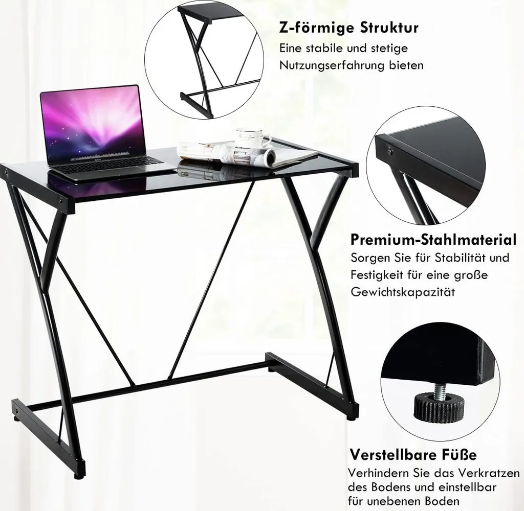 COSTWAY Computertisch Schreibtisch Mit Gehärteter Glasplatte, Gamingtisch Z-förmige Eisengestell, Arbeitstisch PC Tisch Für Gaming Büro Studierzimmer, Schwarz – Bild 4