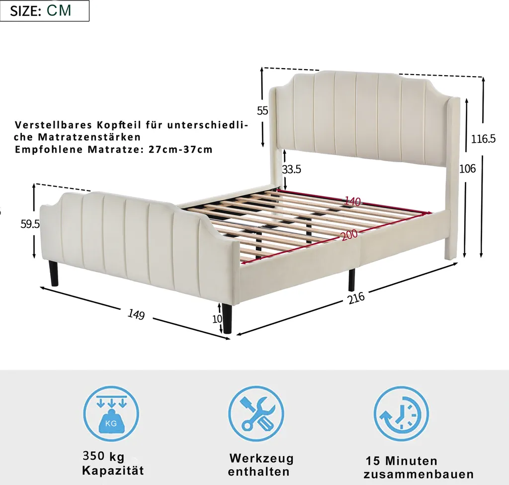 Polsterbett 140x200cm Bettgestell, Mit Kopfteil Fußteil Lattenrost Polsterbetten Holz Bett Doppelbett Erwachsenen Jugendbett Gästebett, Beige Ohne Matratze – Bild 7