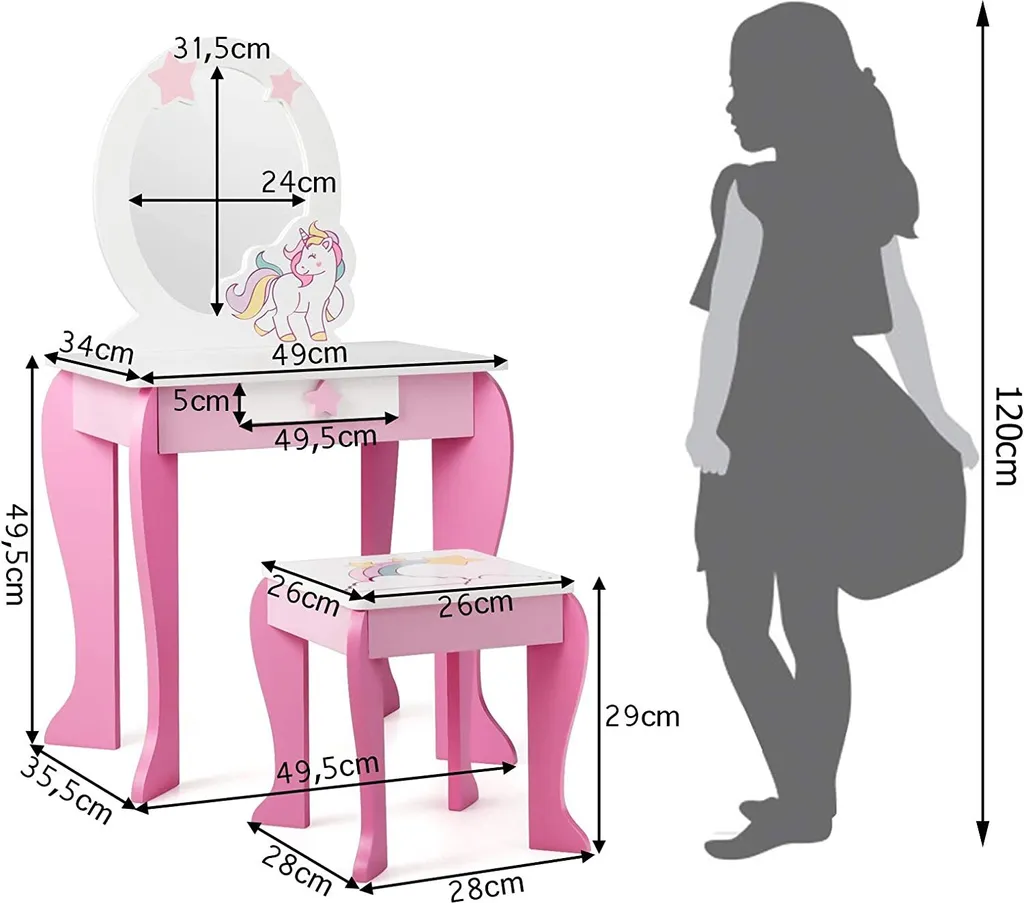 COSTWAY Kinder Schminktisch Mit Hocker, Prinzessin Frisiertisch Mit Schublade Und Abnehmbarer Spiegel, Frisierkommode Rosa, Schminkkommode Für Mädchen Von 3-7 Jahren (Pink) – Bild 5