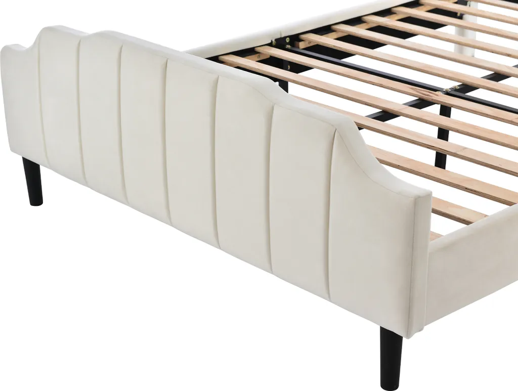 Polsterbett 140x200cm Bettgestell, Mit Kopfteil Fußteil Lattenrost Polsterbetten Holz Bett Doppelbett Erwachsenen Jugendbett Gästebett, Beige Ohne Matratze – Bild 6