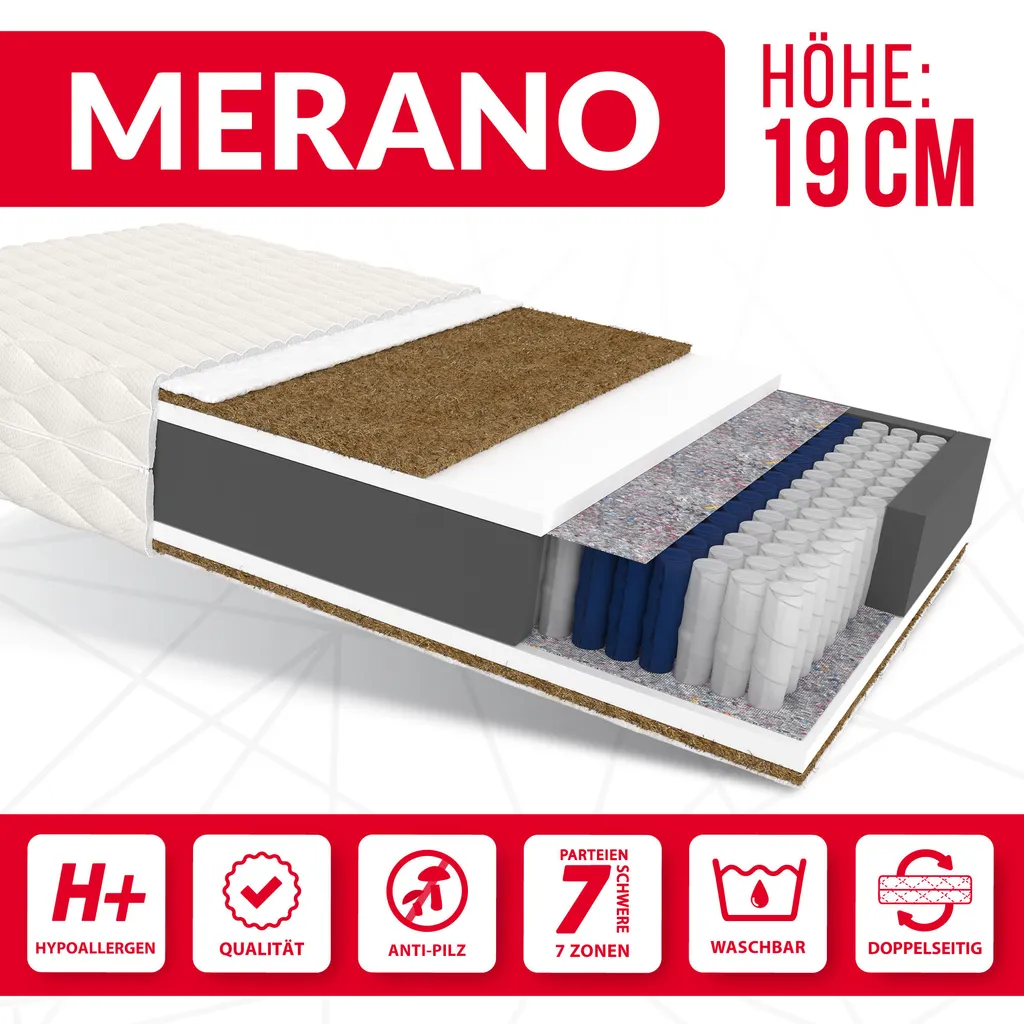 Matratze 90x200 Cm MERANO 7 Zonen H4 Taschenfederkern Kokos HR Schaum Höhe Ca. 19 Cm Matratzenbezug Premium Jersey
