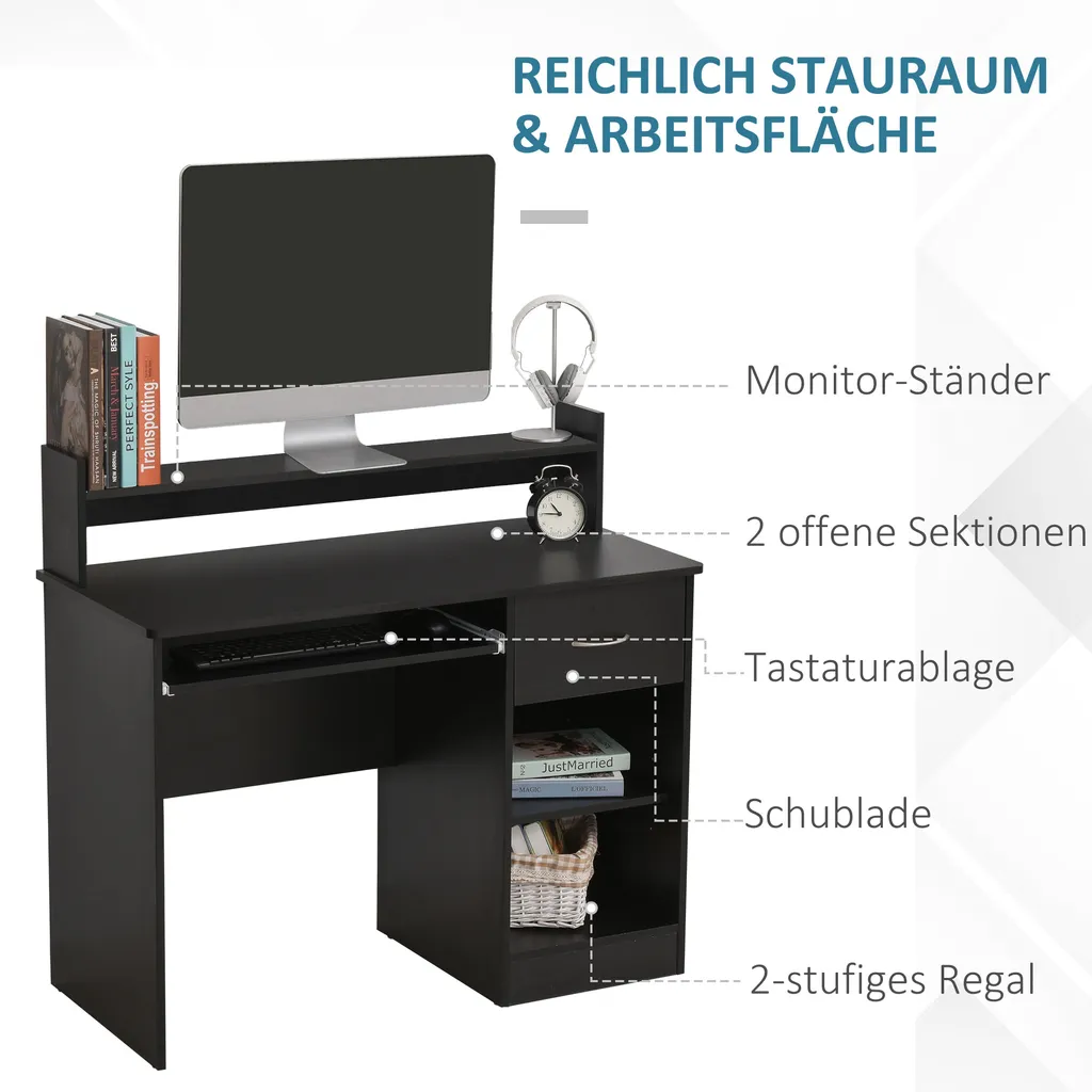 HOMCOM Computertisch Bürotisch Gamingtisch PC-Tisch Mit Schublade E1 Spanplatte Schwarz 104 X 48 X 95,5 Cm – Bild 5