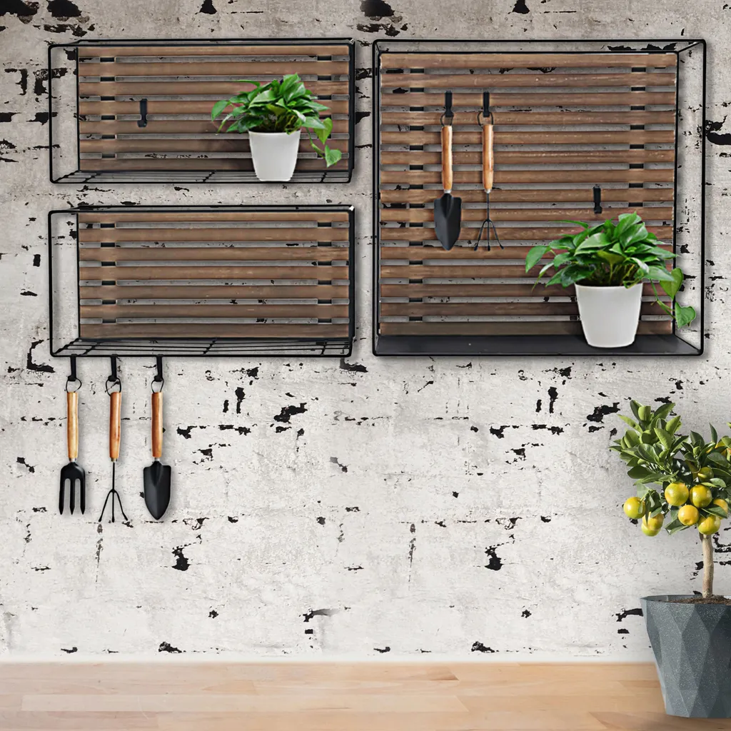 Wandregal 3er Set S-Haken 2 Größen Eisen Holz Regal Hängeregal Küchenregal Aufbewahrung Wandschrank – Bild 2