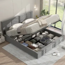 Merax Hydraulisches Boxspringbett 180x200cm Mit Höhenverstellbarem Kopfteil, Lattenrost Und Stauraum, Polsterbett Stauraumbett Funktionsbett Doppelbett Aus Samt, Grau