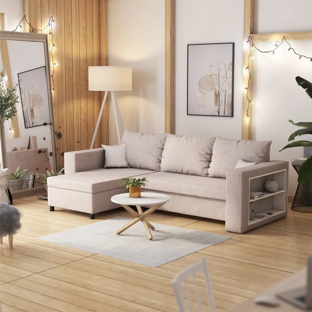 Selsey Ecksofa MERIEN - Schlafcouch In Hellbeige Mit Ottomane, Bettkasten Und Integriertem Regal, 230 Cm Breit