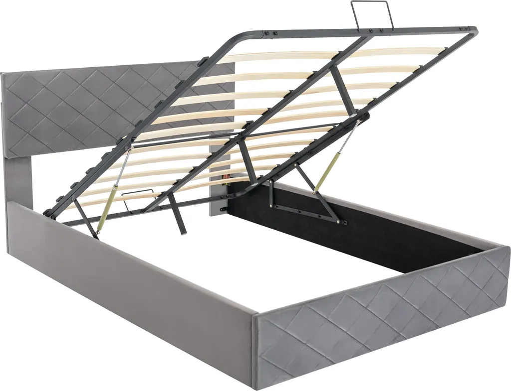 Merax Hydraulisches Boxspringbett 140x200cm Mit Bettkasten, Lattenrost Und Gepolsterten Kopfteil, Polsterbett Funktionsbett Doppelbett Aus Velvet, Grau – Bild 9
