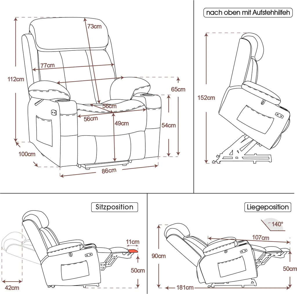 MCombo Elektrische Aufstehhilfe Fernsehsessel Relaxsessel Echtleder 7190BK – Bild 11