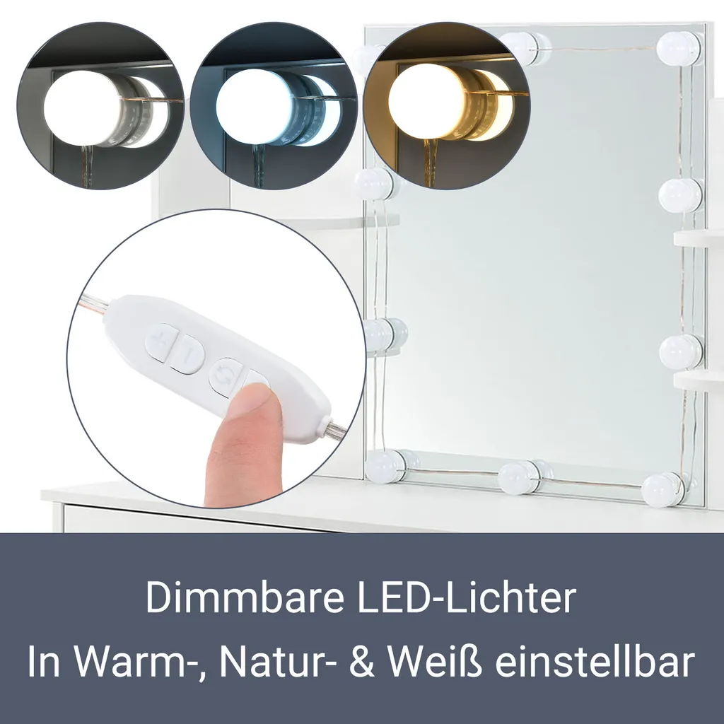 Juskys Schminktisch Bella Mit LED Beleuchtung, Spiegel, Schublade & 4 Ablagefächern - 108 X 40 X 140 Cm - Holz - Weiß - Kosmetiktisch Frisiertisch – Bild 5