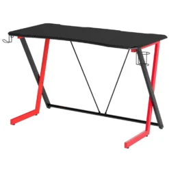 SixBros. Gamer Computertisch In Carbon Optik, Gaming Schreibtisch, Schwarz & Rot, Gamingtisch Mit Getränkehalter, Racing, 120 X 60 Cm GT-003/8065
