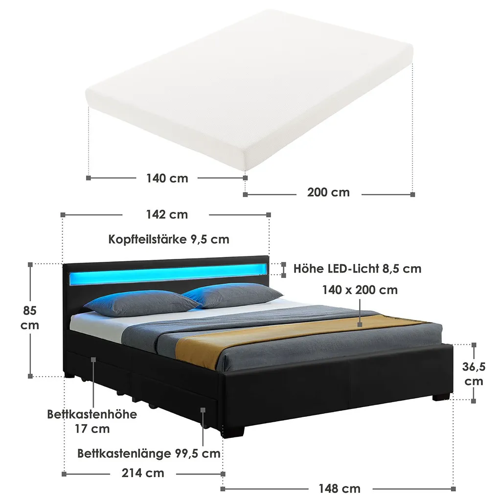 Juskys Polsterbett Lyon 140 X 200 Cm Mit Bettkasten, LED Beleuchtung, Lattenrost & Matratze - Kunstleder & Holz – Bett Bettgestell Jugendbett Schwarz – Bild 18