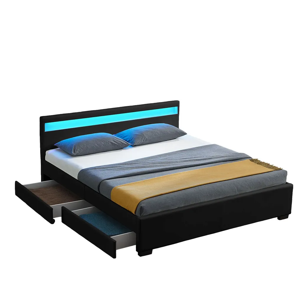 Juskys Polsterbett Lyon 140 X 200 Cm Mit Bettkasten, LED Beleuchtung, Lattenrost & Matratze - Kunstleder & Holz – Bett Bettgestell Jugendbett Schwarz – Bild 10