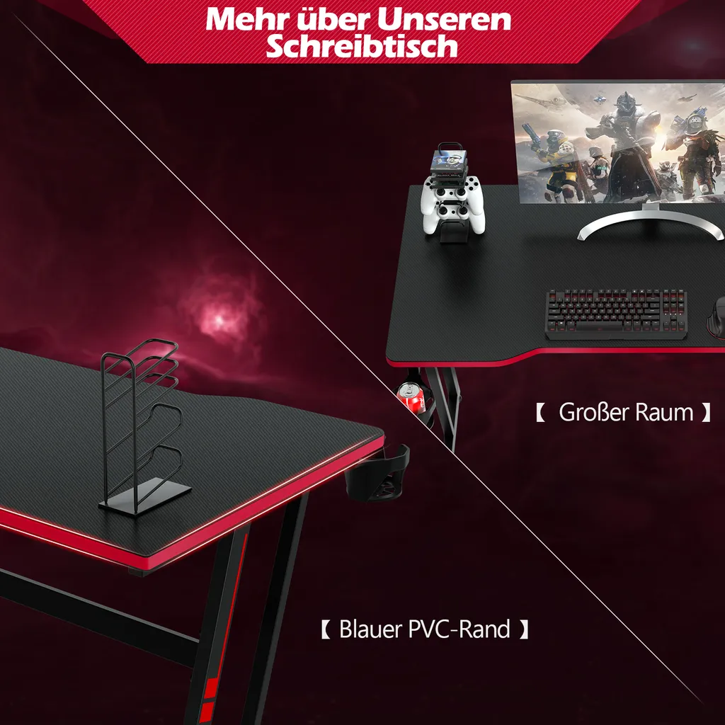 COSTWAY 119cm Gaming Tisch Z-förmig, Computertisch Mit Getränkehalter, Kopfhörerhaken, Gamepad-Halterung, Ergonomischer Schreibtisch, Arbeitstisch Büro PC-Tisch (Schwarz-Rot) – Bild 3