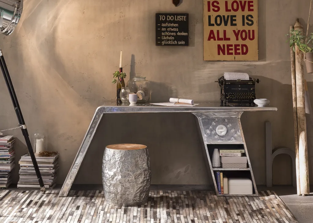 SIT Möbel Schreibtisch | 2 Offene Fächer, 1 Schublade | Mit Alu Beschlagen | Aus Mangoholz Und MDF | B 175 X T 60 X H 75 Cm | Silber | 81707-21 | Serie AIRMAN – Bild 8