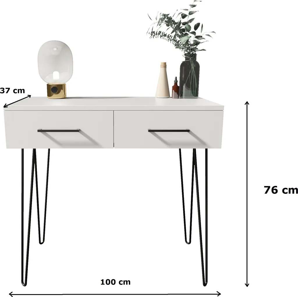 MATKAM Schminktisch Glamour, Mit 2 Schubladen, B100 X H76 X T37 Cm, Stellfüße Aus Metall (Weiß-Schwarz) – Bild 5