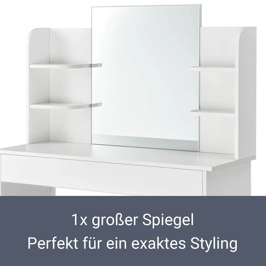 Juskys Schminktisch Bella Mit LED Beleuchtung, Spiegel, Schublade & 4 Ablagefächern - 108 X 40 X 140 Cm - Holz - Weiß - Kosmetiktisch Frisiertisch – Bild 4