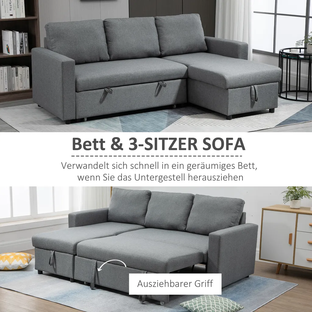 HOMCOM Ecksofa Mit Schlaffunktion Stauraum Eckcouch Mit Bettkasten Chaiselongue Schlafsofa Stoffsofa L-Form Leinen-Touch Hellgrau 211,5 X 146 X 85 Cm – Bild 3