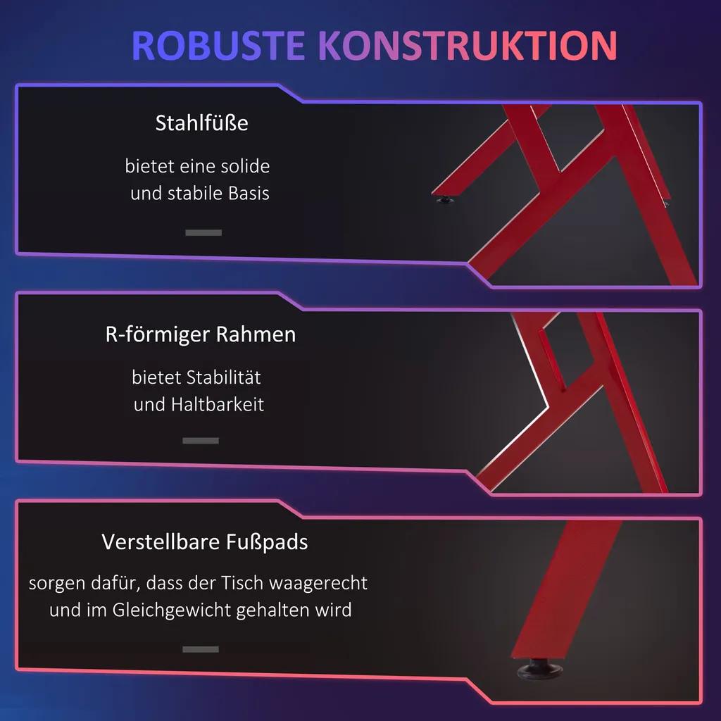 HOMCOM Gaming Tisch RGB-Lichter Schreibtisch R-förmiger 4 Verstellbare Fußstützen Computertisch Arbeitstisch Spanplatte Metall Schwarz+Rot 120 X 60 X 74,5 Cm – Bild 6