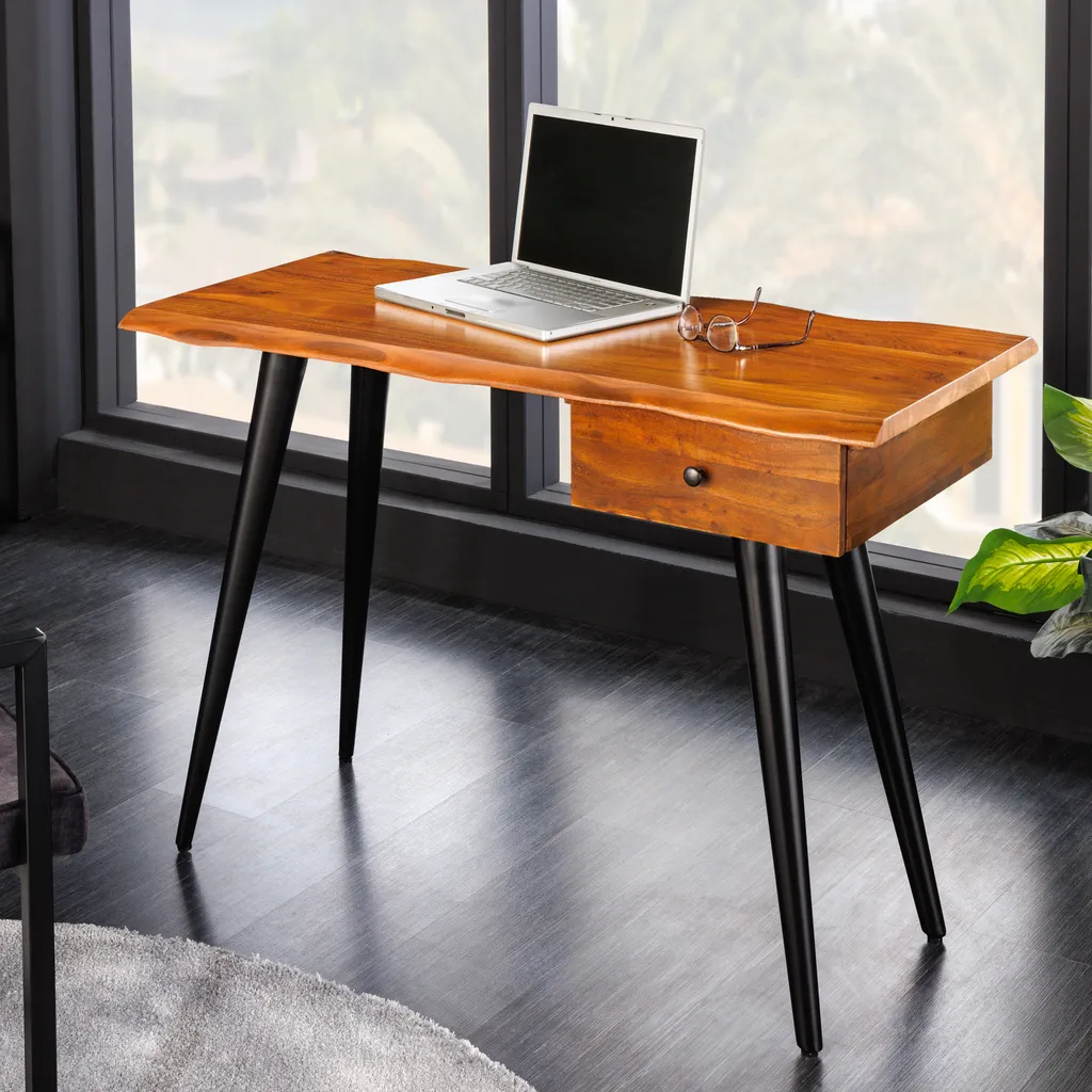 Massiver Schreibtisch WILD 110cm Akazienholz Baumkante Mit Schublade Metallbeine