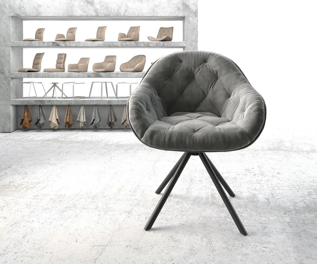 DELIFE Drehstuhl Gaio-Flex Mit Armlehnen Samt Grau Kreuzgestell Rund Schwarz 180° Drehbar – Bild 2