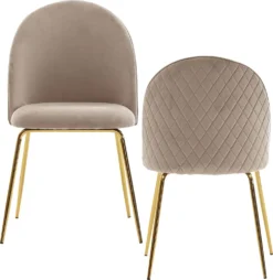 WOHNLING Design Esszimmerstuhl 2er Set Samt Beige Gepolstert | Küchenstuhl Stoff Mit Goldenen Beinen | Schalenstuhl Skandinavisch | Polsterstuhl Mit Samtbezug
