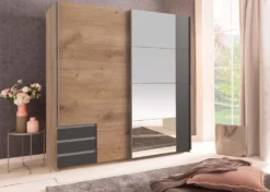 Emden Schwebetürenschrank Mit Spiegel Plankeneiche / Graphit, Breite:135 Cm, Passepartout (Rahmen):ohne Passepartout