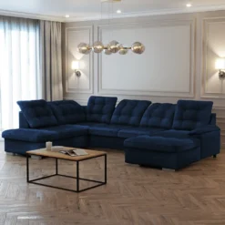 Selsey JAMAAL U - Schlafsofa In U-Form Dunkelblau, Ottomane Rechts, Mit Regulierbarer Rückenlehne, Bettkasten 330 Cm