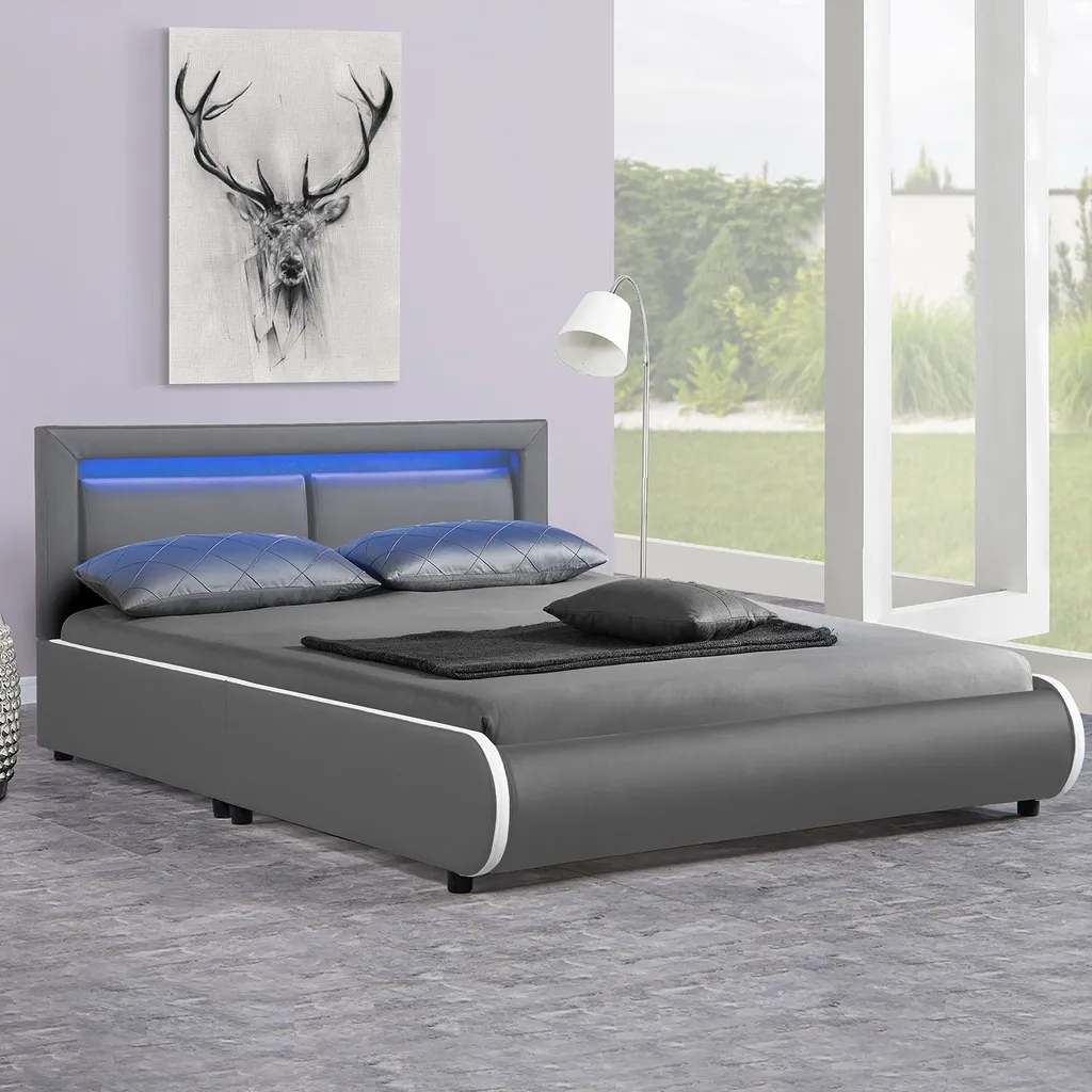 Juskys Polsterbett Murcia 140 X 200 Cm – Bett Mit LED, Lattenrost, Kopfteil & Kunstleder – Bettgestell Gepolstert, Gemütlich & Modern - Dunkel-grau – Bild 2
