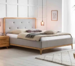 HASENA Polsterbett Silento Stoff Grau Holz Eiche Bianco 180x200