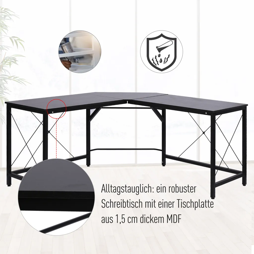 HOMCOM Computertisch Schreibtisch L-Form Eckschreibtisch Winkelschreibtisch MDF Schwarz 150 X 150 X 76 Cm – Bild 3