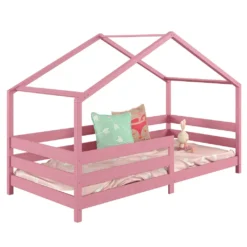 Hausbett RENA Aus Massiver Kiefer In Rosa, Schönes Montessori Bett Mit Rausfallschutz, Stabiles Kinderbett In 90 X 200 Cm