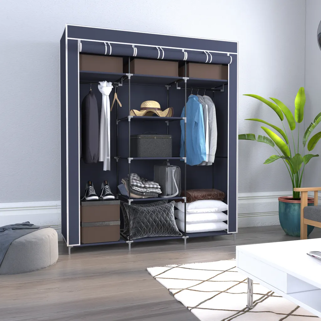 Kleiderschrank Höhe 175cm Stoffschrank Faltschrank Garderobe Mit Kleiderstange 3 Hochrollbaren Türen 175cm*150cm*45cm Graublau – Bild 6