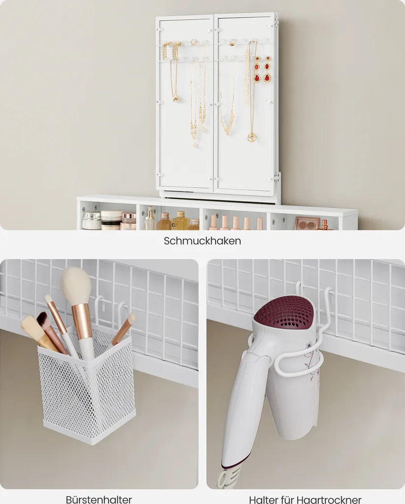 VASAGLE Schminktisch Mit Gepolstertem Hocker, Frisiertisch Mit Dreifachem Spiegel, 3 Schubladen, Haartrocknerhalter, Kosmetiktisch, Moderner Stil, Weiß RVT004W14 – Bild 5