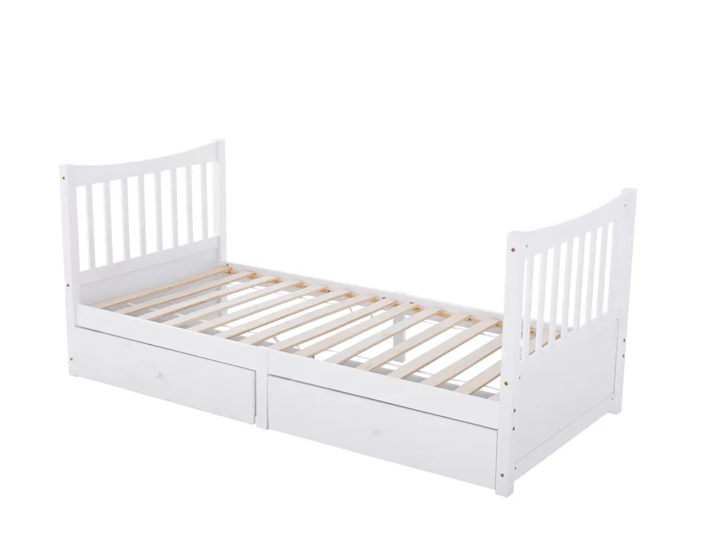 Merax Kinderbett 90x200cm Jugendbett Mit Schubladen, Kopfteil Und Fußteil, Einzelbett Kiefer Bettrahmen Massiv Gästebett, Weiß – Bild 6