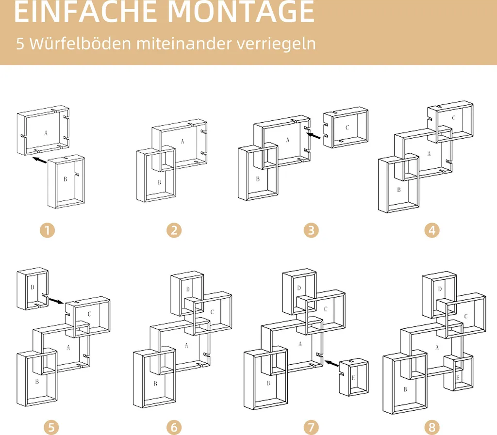 HOMCOM Wandregal Wandboard Schweberegal Mit 5 Ineinandergreifenden Würfel, 9 Fächer Deko Für Schlafzimmer Wohnzimmer Tannenholz Natur 71 X 10,2 X 80,5 Cm – Bild 5