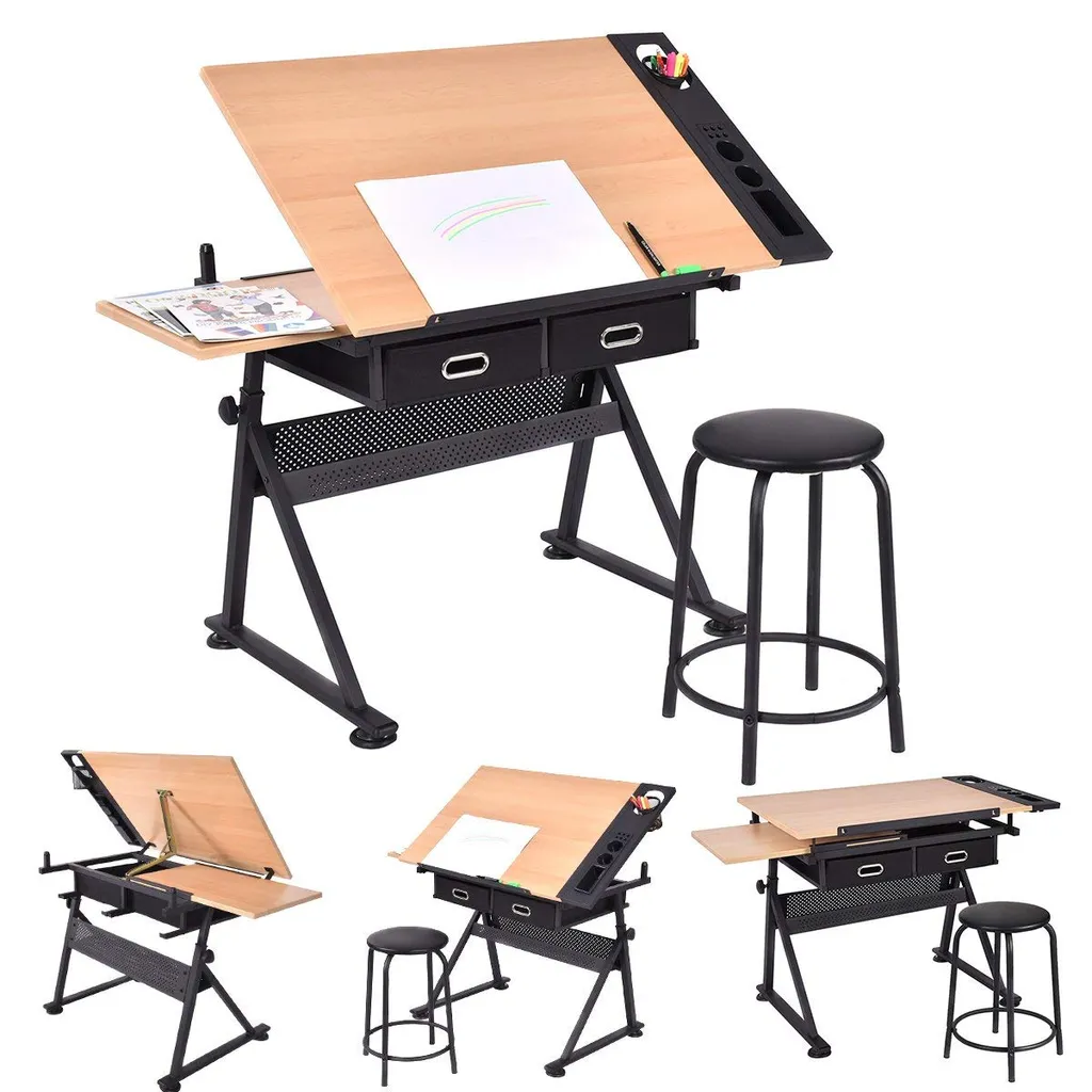 COSTWAY Zeichentisch Schreibtisch Architektentisch Arbeitstisch Tisch Buerotisch Mit Schubladen + Hocker Hoehenverstellbar Neigbar – Bild 2