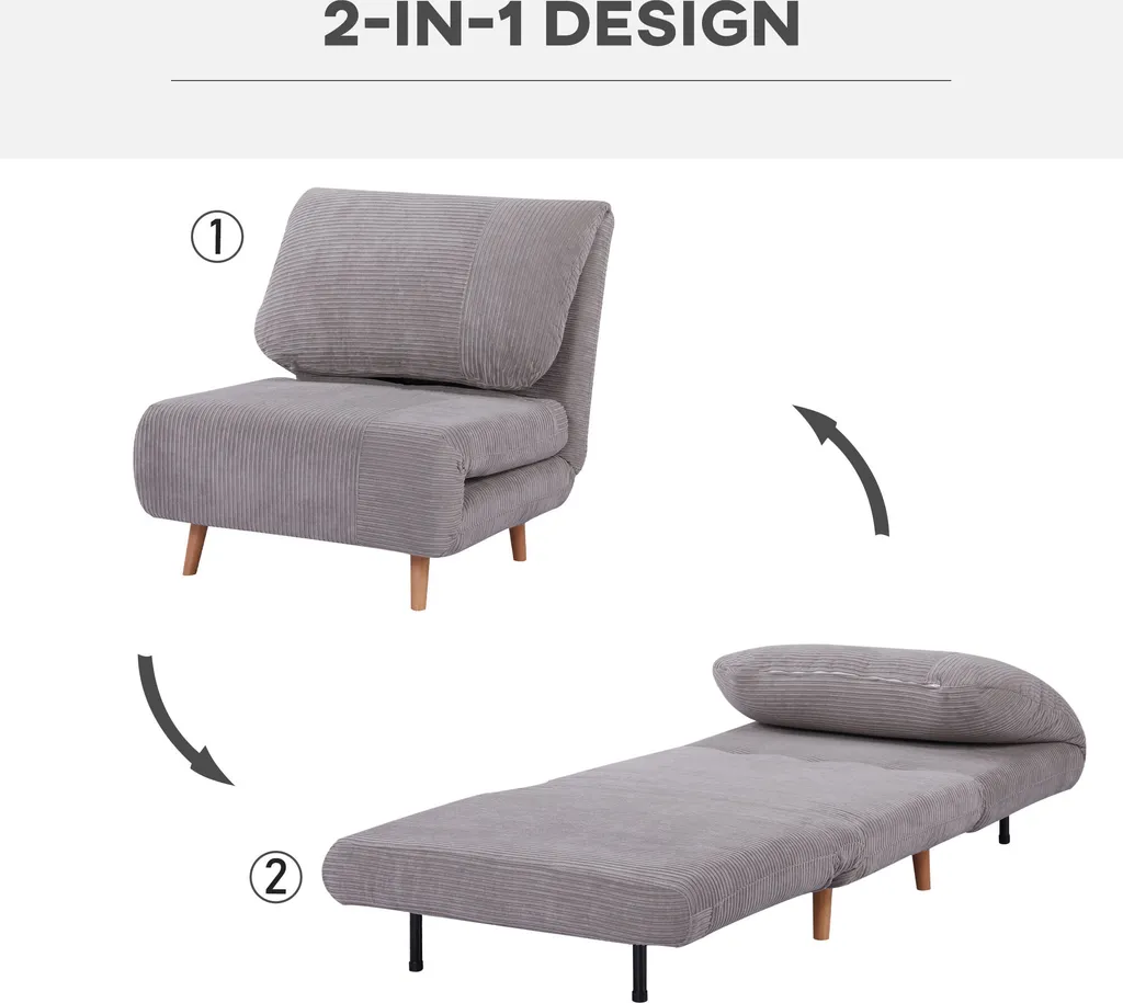 HOMCOM 2-in-1 Schlafsofa Schlafsessel Verstellbar Klappmatratze Gästebett ,Chaiselongue Im Cord-Optik, Für Schlafzimmer, Wohnzimmer Hellgrau 82 X 89 X 83 Cm – Bild 4