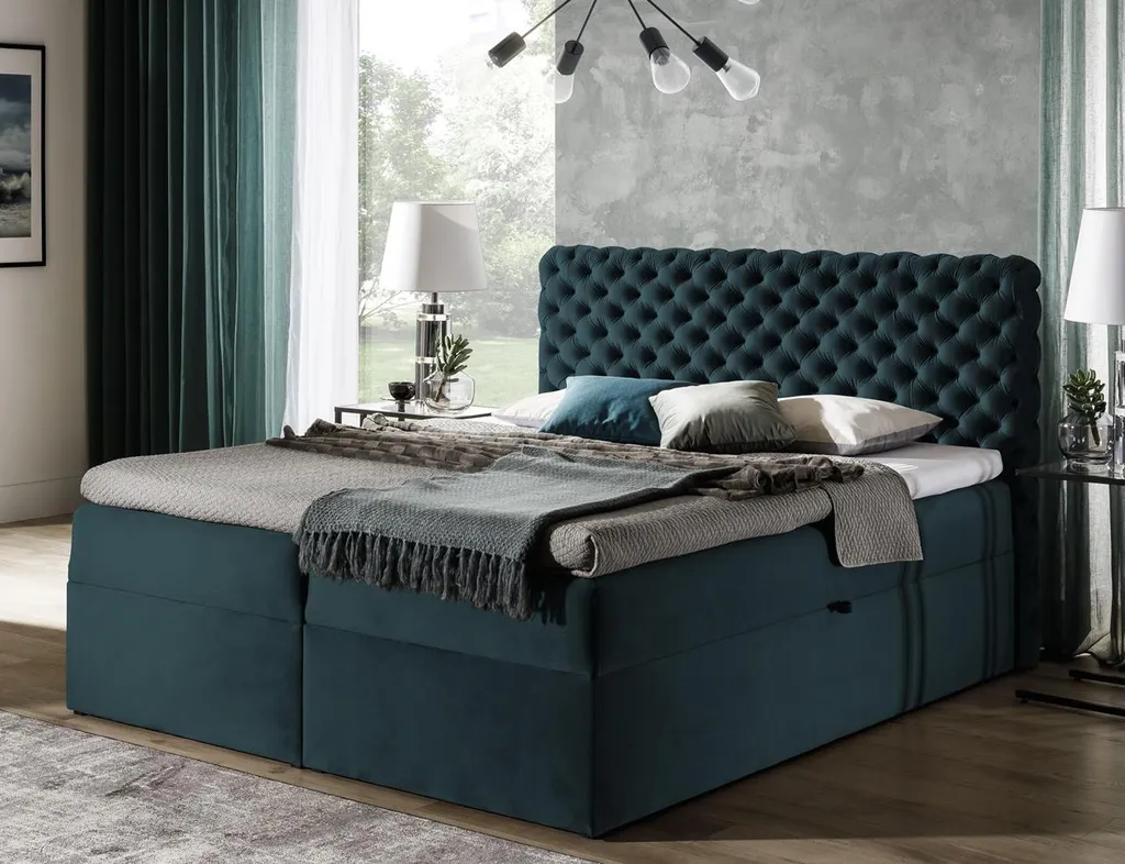 FURNIX Boxspringbett HAILEY 180x200 Mit Tiefen Bettkasten Und Topper AR17782 Türkis