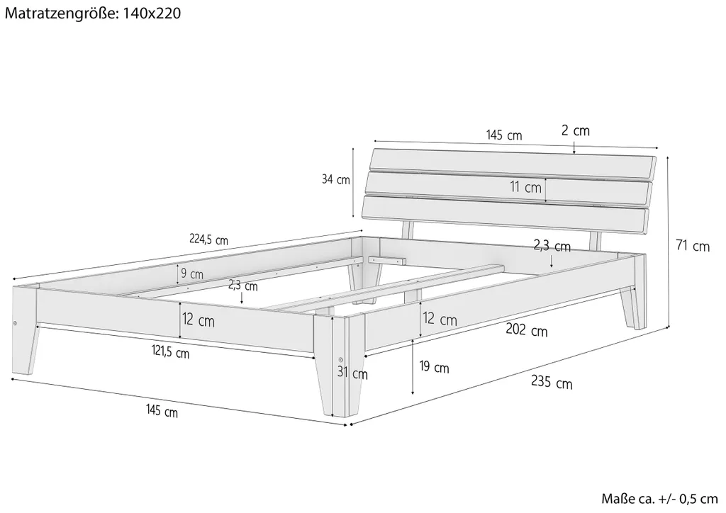 Weißes Doppelbett In Überlänge 140x220 Bettgestell Holzbett Massivholz Kiefer Weiß V-60.54-14-220Wohne Zubehör – Bild 4