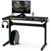 COSTWAY Gamingtisch, Ergonomischer Schreibtisch Mit Mit Tassen- Und Kopfhörerhalter, Mauspad, E-Sports Tisch Mit T-förmiges Stahlgestell, Computertisch Für Zuhause Büro Spielzimmer, Schwarz
