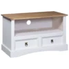 TV-Board "299733" Aus Kiefer (massiv) In Weiß, Braune Oberplatte Mit 2 Schubladen Und Einem Fach. Abmessungen (LxBxH) 43x91x56 Cm
