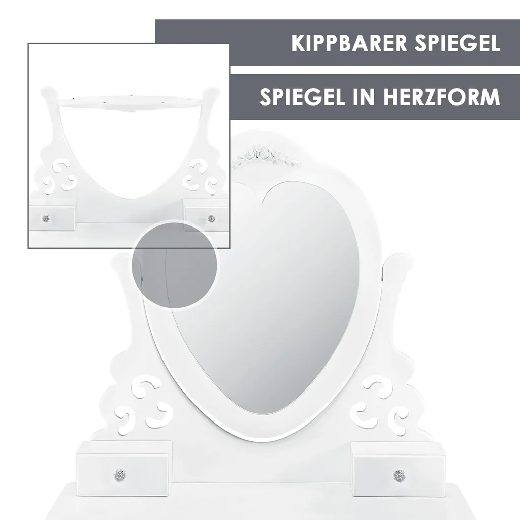 Juskys Schminktisch Julia Mit Spiegel, Hocker & 4 Schubladen, 74 X 40 X 138 Cm, Weiß, Landhausstil, MDF Holz, Kosmetiktisch Frisiertisch Kommode – Bild 5