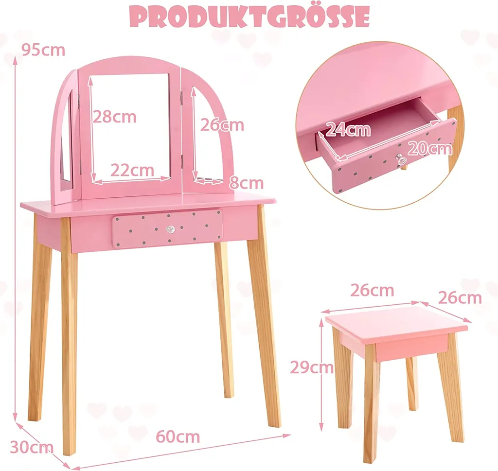 COSTWAY 2-in-1-Schminktischset Für Kinder, Kinderschminktisch Mit Hocker Aus Holz Für Kinder Mit Dreifach Klappbarem Spiegel & Schublade, Make-up Tischset Für Mädchen Von 3-7 Jahren (Rosa) – Bild 5